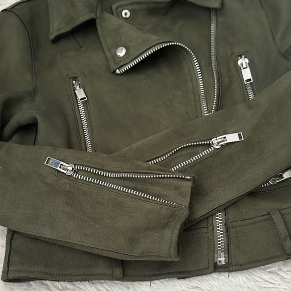 Zara Dark Green faux suede women’s Moto light coat Silver Zippers in S - Picture 5 of 8